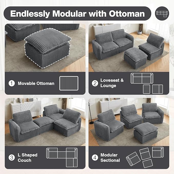110'' Boneless Modular Cloud Couch for Living Room, Comfy Cloud Modular Sectional Couch with Ottoman, Convertible L Shaped Couches for Apartment, Dorm, No Assembly Required, Grey Corduroy