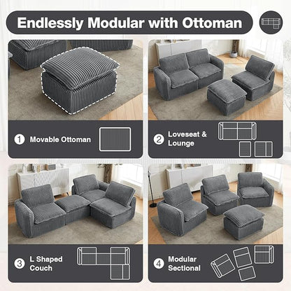 110'' Boneless Modular Cloud Couch for Living Room, Comfy Cloud Modular Sectional Couch with Ottoman, Convertible L Shaped Couches for Apartment, Dorm, No Assembly Required, Grey Corduroy