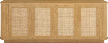 LKTART 64" Sideboard Buffet Cabinet with Storage, Wooden Fluted Storage Cabinet Sideboard with Adjustable Shelves Pressed Spring Rattan Doors for Kitchen Living Room (Natural)