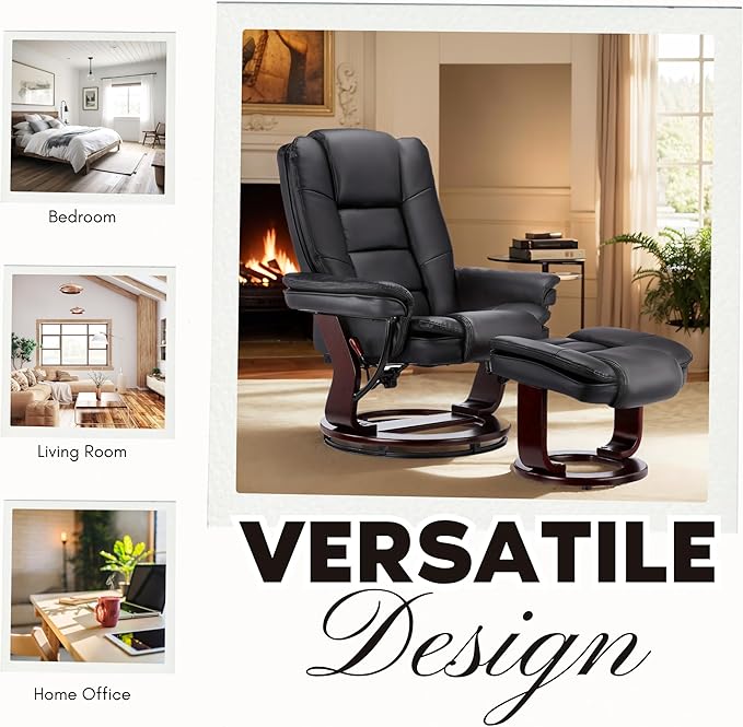 JC Home Argus Swivel Recliner with Ottoman, PU Leather & Wood Base Reclining Chair with Footrest, Ultra-Plush Double Foam for Living Room, Bedroom and Office