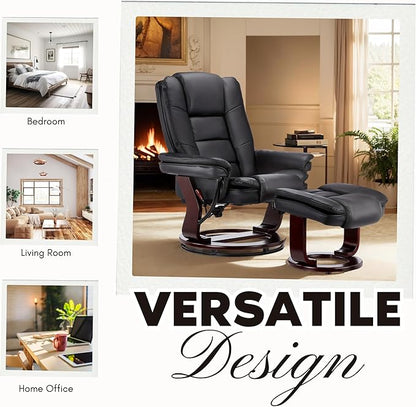 JC Home Argus Swivel Recliner with Ottoman, PU Leather & Wood Base Reclining Chair with Footrest, Ultra-Plush Double Foam for Living Room, Bedroom and Office