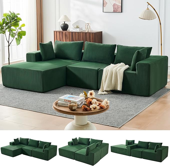 109" Cloud Sectional Couch, Boneless Couches for Living Room, Modular Sectional Sofa with Deep Seat, L-Shape Couch with Chaise, Comfy Corduroy Fluffy Modern Modular Sofa, No Assembly Required, Green