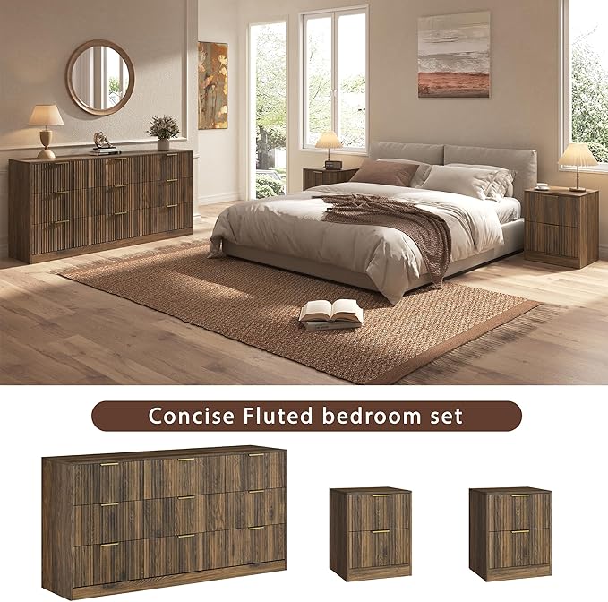 3-Piece Modern Bedroom Furniture Set, Wide 9-Drawer Dresser & 2-Drawer Nightstands Set of 2, Natural Wood Dresser and Nightstand Sets for Bedroom, Hallway, Walnut
