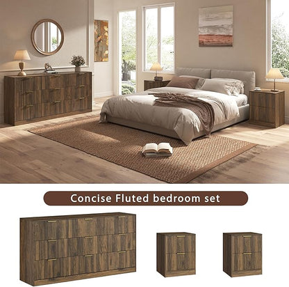 3-Piece Modern Bedroom Furniture Set, Wide 9-Drawer Dresser & 2-Drawer Nightstands Set of 2, Natural Wood Dresser and Nightstand Sets for Bedroom, Hallway, Walnut