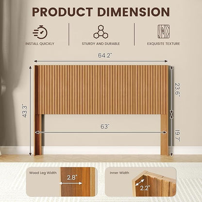 COCO DESIGN Queen Size Headboard Only, 64.3" Wide Wooden Headboard, Mid Century Modern Farmhouse Boho HeadBoard, Fluted Panel, Wingback Design, Wall Mount, Natural