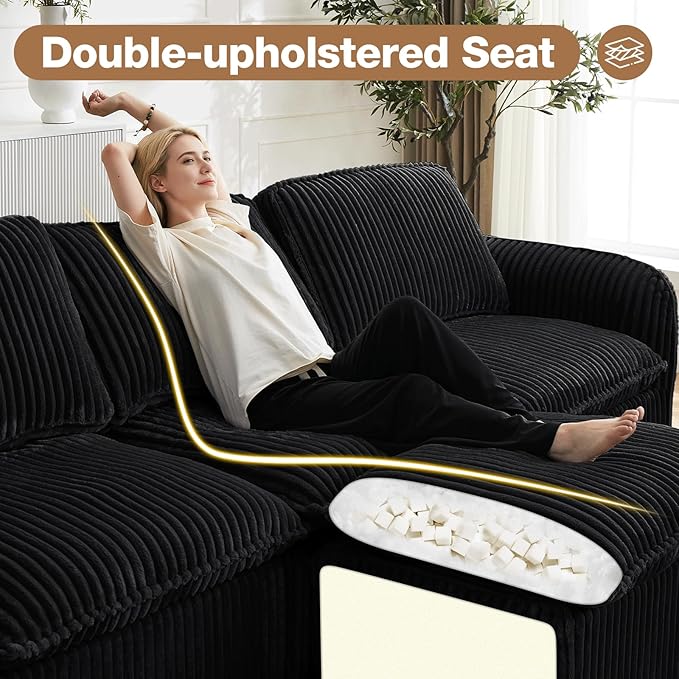 110'' Boneless Modular Sectional Couches for Living Room, Comfy Cloud Couch Sectional Sofas with Ottoman, Convertible L Shaped Couches for Apartment, Dorm, No Assembly Required, Black Corduroy