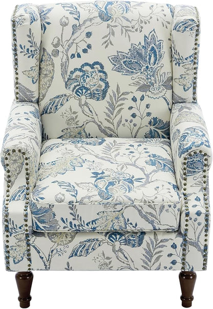 Pia Ricco High Back Floral Accent Chair - Retro Wingback Upholstered Armchair with Nailhead Trim, Solid Wood Legs, Fabric Living Room Bedroom Reading Chair (Plants Blue)