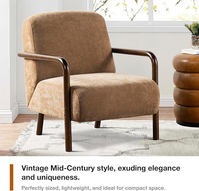 Glitzhome Modern Accent Chair for Living Room, Upholstered Extra-Cushioned Fabric Armchair with Walnut Rubber Wood Frame, Comfy Single Chair for Living Room/Bedroom/Reading Room/Office