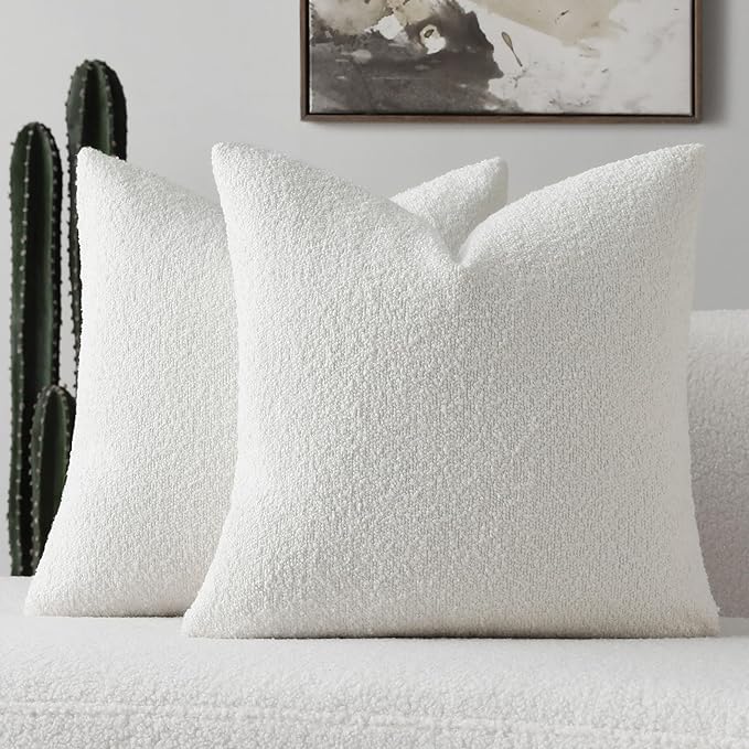 FUTEI Christmas Pack of 2 White Decorative Throw Pillow Covers 18x18 Inch Soft Cozy Solid Boucle Textured Cushion Case,Modern Home Decor for Couch Bed Living Room