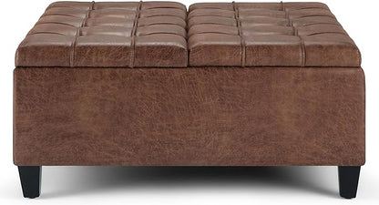 SIMPLIHOME Harrison 36 inch Wide Transitional Square Coffee Table Storage Ottoman in Distressed Umber Brown Vegan Faux Leather, Assembled, For the Living Room and Bedroom