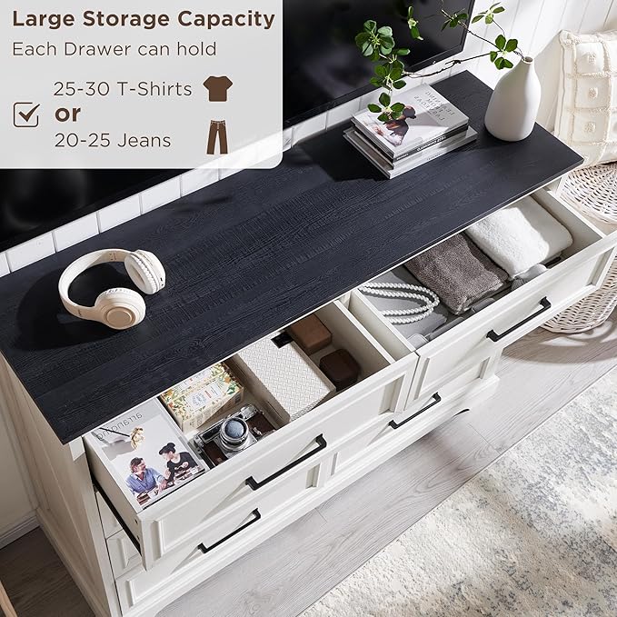 ACCOHOHO Farmhouse 8 Drawers Dresser Chests for Bedroom,52" Wide Wood Rustic Chest of Drawers with Metal Handle,Natural Texture,Drawer Organizer for Bedroom,Living Room,Hallway and Entryway,White