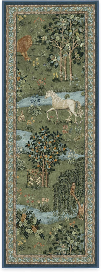 RUGGABLE x Morris & Co Washable Runner Rug – Owl & Willow Green 2.5x7, Stain-Resistant, Non-Slip Hallway Runner – Machine Washable Rug for Hallway, Entryway, Living Room & Kitchen–with Cushioned Pad