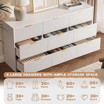 3-Piece Dresser Bedroom Set, 9 Drawer Dresser & 3 Drawer Nightstands with Gold Handles, Fluted Wood Chest of Drawers for Bedroom, Living Room, Entryway, White