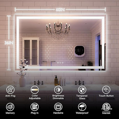 ISKM 60'' x 36'' LED Mirror for Bathroom Lighted Vanity Mirror for Wall Front Lights + Backlit LED Bathroom Mirror Anti-Fog Tempered Glass ETL Listed