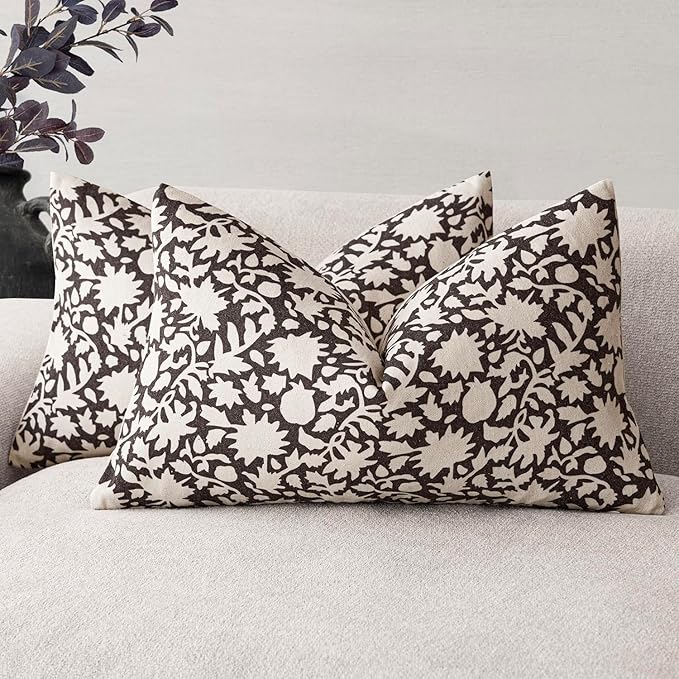 Foindtower Set of 2 Decorative Neutral Floral Lumbar Throw Pillow Covers Accent Farmhouse Cushion Covers Boho Vintage Pillowcase for Couch Sofa Bedroom Living Room Home Decor,12×20 Inch,Black