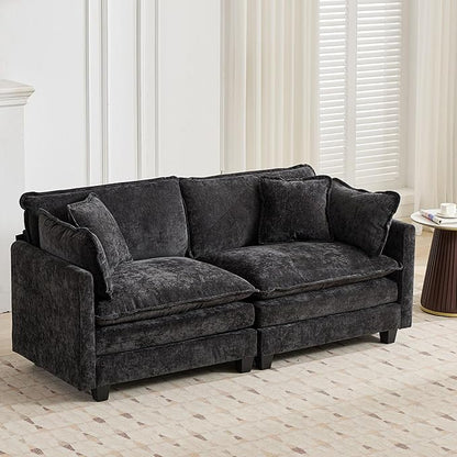 Aoowow Modular Sectional 2 Seater Cloud Sofa Couch for Living Room,78" Loveseat Couch with Deep Seat,Modern Chenille 2 Seat Sofas,Fluffy Small Couches for Bedroom,Small Spaces (Black, 2 Seater)