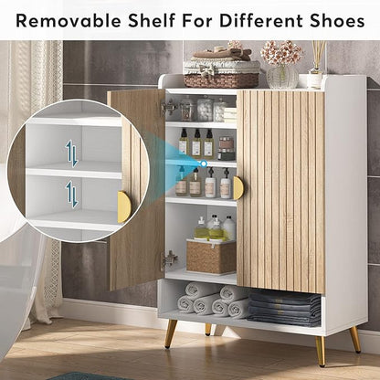 Tribesigns Shoe Cabinet with Doors, 7-Tier Shoe Storage Cabinet with Adjustable Shelves, Wooden Shoes Rack Shoe Storage Organizer for Entryway, Hallway, Closet, Living Room, Wood and Gold
