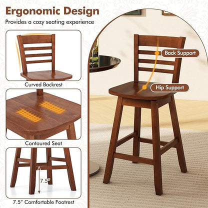 COSTWAY Bar Stools Set of 2, 24.5 Inch Swivel Counter Height Bar Chairs with Hollow Backrest & Contoured Seat, with Footrest for Kitchen Island, Pub, Bistro, Cafe (2, Walnut)