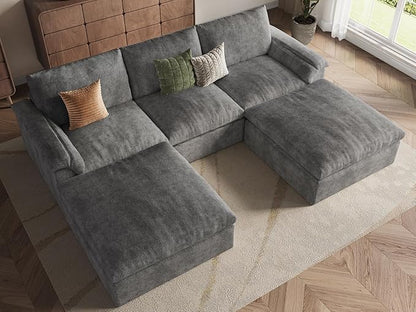 EASE MOOSE Oversized Cloud Couch Sectional Sofa, U-Shaped Modular Couch for Living Room, Minimalist Boneless Convertible Couches with Ottoman, 5-Seat Deep Sofas for Bedroom, Chenille (Grey)
