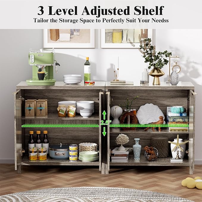 Sideboard Buffet Cabinet Set of 3, 31" Storage Cabinet with 2 Doors and Adjustable Shelves, Sideboard Console for Dinning Room, Kitchen and Living Room - Grey