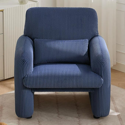 Corduroy Fabric Accent Chair, Modern Upholstered Living Room Chairs with Lumbar Pillow, Wide Comfy Leisure Armchair for Bedroom, Office, Reading, Blue