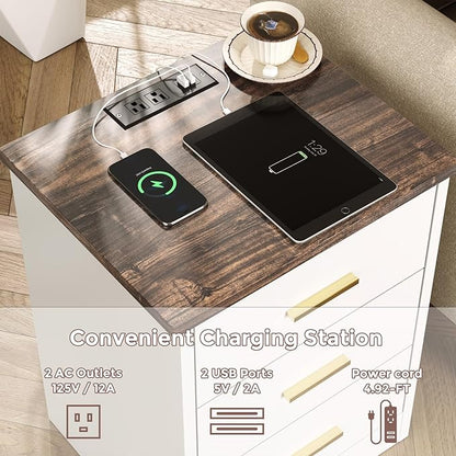 LIDYUK White Dresser for Bedroom, 3 Drawer Dressers & Chest of Drawers, Modern Wood Dresser with Charging Station, End Table Nightstand Bedside Table for Bedroom, Living Room
