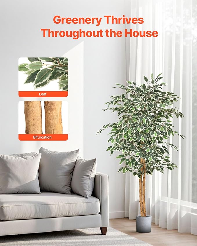 VEVOR 5FT Artificial Ficus Tree with Black Pot, Tall Faux Ficus Plant with Natural Wood Trunk and Realistic Green Leaves, Indoor Fake Silk Tree for Home, Office, Living Room, or Corner Décor