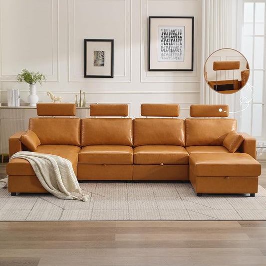 126.8" Modular Sectional Storage Sofa, Oversized Faux Leather U Shaped Couch with 2 Ottoman, Cloud Couch with Headrest & Side Pockets, Sectional Sofas for Living Room Apartment Small Spaces, Brown