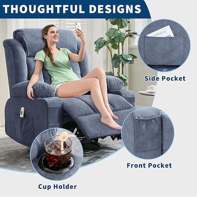 Rocker Recliner Chair with Heat and Massage, 360° Swivel Oversized Recliner for Adults, Single Sofa Seat with 3 Positions, 2 Side Pockets, Cup Holders, and USB Ports, Lazy Boy Recliner (Large, Blue)