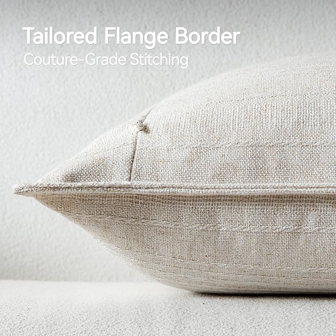 a moment Linen Pillow Covers Set of 2,Boho Farmhouse Throw Pillowcases Neutral Textured Decorative Covers for Couch Sofa, Soft Linen Blend Accent Case Cushion Christmas Home Decor 26"x26"Ivory