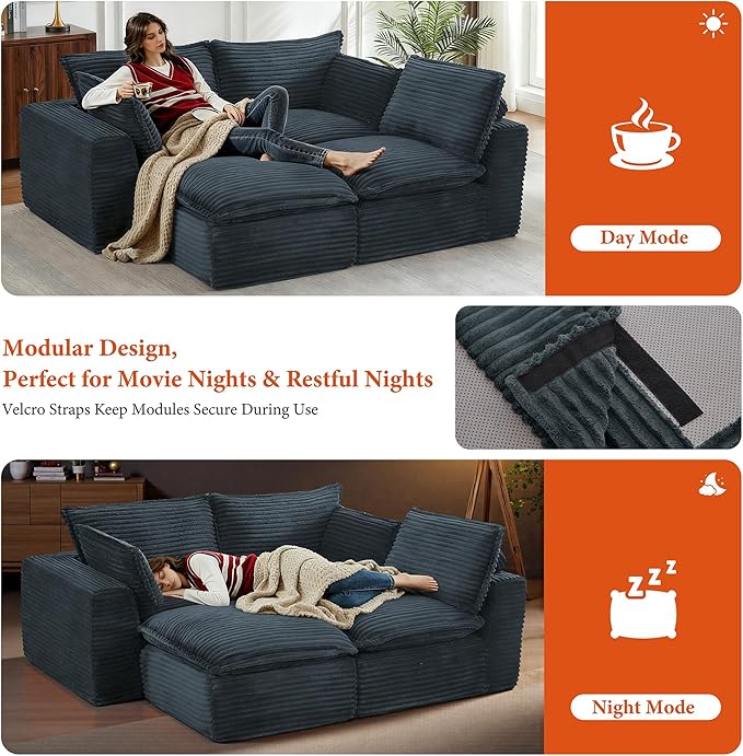108" Sectional Couches for Living Room Boneless Couch Upholstered Cloud Couch Sectional Modular Sectional Sofa with L Shaped (Corduroy-Blue, 3 Seat+1 Ottoman)