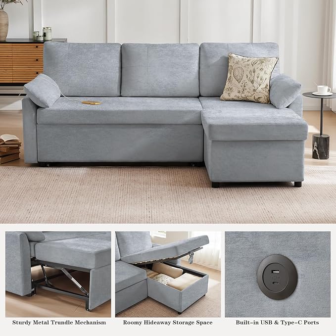 Waxberry Sectional Sofa Couch, Pull Out Couch Sleeper Sofa Bed with Storage for Living Room, Reversible Chaise, Side Pockets & Dual USB/Type-C Ports, Gray