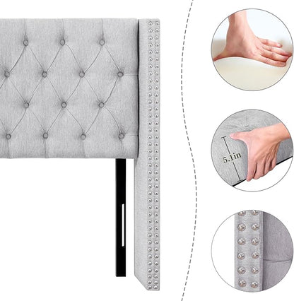 Lucky Monet Linen Upholstered Headboard Queen Size (Headboard Only), Nail Head Trim Wingback Tufted Button Headboard Luxury Soft Padded Head Board with Durable Metal Legs, Adjustable Height, Grey