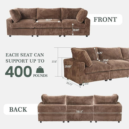 Modern Modular Sectional Sofa, 118.11" Oversized Cloud Sectional Couch, 3 Seat Comfy Modular Couches for Living Room, Plush Couch Cushion Covers Removable, Brown