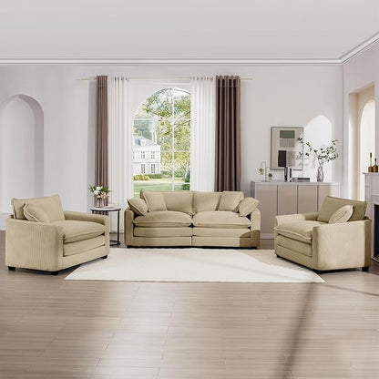 mikibama Luxury 3 Piece Sofa Set, Loveseat Couch & 2 Single Sofa Set, Modern Corduroy Comfy Cloud Couches Set for Living Room Office with 2 Armrest Pillows and 4 Toss Pillows, Camel