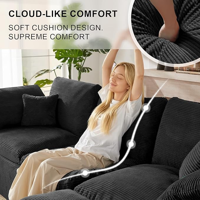 112" Cloud Sectional Couch, Boneless Couches for Living Room, L Shaped Couch with Convertible Ottoman, Modular Sectional Sofa with Deep Seat, Comfy Soft Cushions, No Assembly, Black