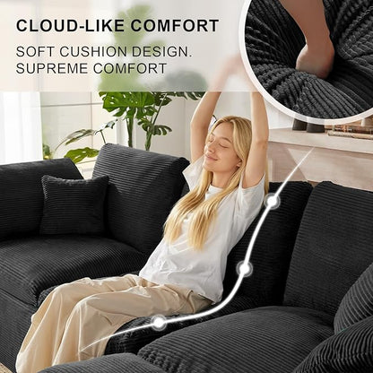 112" Cloud Sectional Couch, Boneless Couches for Living Room, L Shaped Couch with Convertible Ottoman, Modular Sectional Sofa with Deep Seat, Comfy Soft Cushions, No Assembly, Black