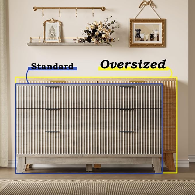 Fluted 6 Drawer Dresser, 47.2" Wide Modern Boho Chest of Drawers, Wooden Storage Dresser TV Stand for Bedroom, Living Room, Closet, Hallway, Curved Profile Design