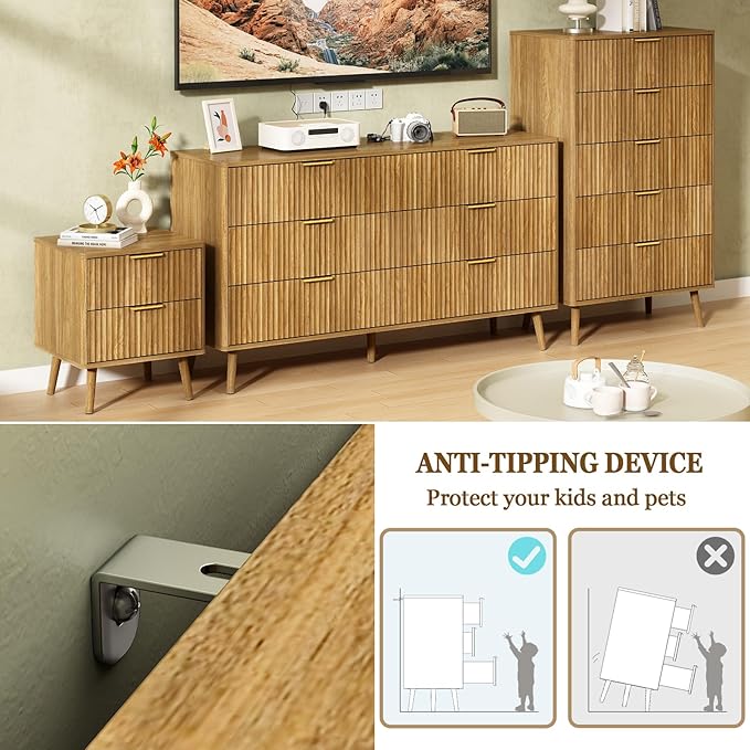 CARPETNAL Fluted 5 Drawers Dresser for Bedroom, 45" Tall Wooden Chest of Drawers with Rounded Corners, Gold Handles, Modern Storage Organizer for Bedroom, Hallway (Walnut)