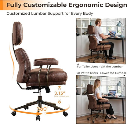 Ergonomic Office Chair Comfy with Lumbar Support, High Back Suede Leather Rolling Executive Desk Chair for Home Office & Gaming, 360° Swivel, 300lbs (Dark Brown)