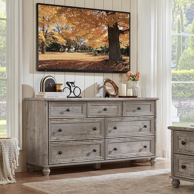 Farmhouse Dressers & Night Stand Set of 4, Wood 54" Wide Dresser & 35" Tall Chest of Drawers, 18" with Charging Station Nightstand Set of 2, Bedroom Furniture Dresser Set for Home Living Room Hallway