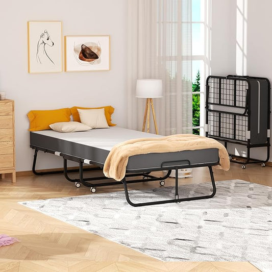 Superday Folding Bed with Mattress, 75" x 31" Folded Bed, Roll Away Beds with Mattresses for Adults, Portable Roll Away Guest Beds for Easy Storage, Space-Saving Sturdy Metal Frame
