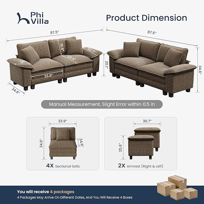 PHI VILLA Cloud Modular Couches Sets, 2 Pieces Sectional Loveseat Sofa Set, 4-Seater Comfy Couch for Living Room Apartment, Chenille Fabric, Taupe