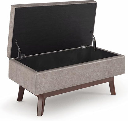 SIMPLIHOME Owen 36 inch Wide Mid Century Modern Small Rectangular Storage Ottoman in Distressed Grey Taupe Vegan Faux Leather, Assembled, For the Living Room, Entryway and Family Room