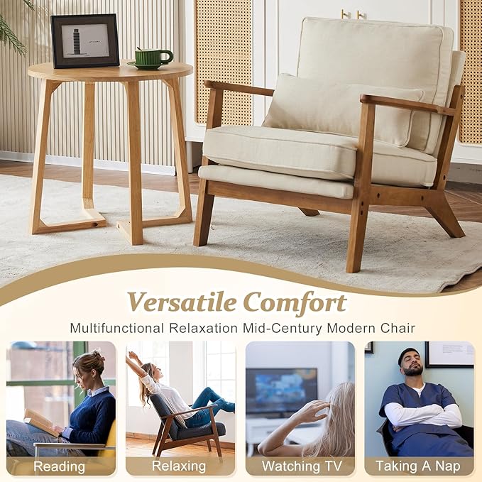 VINGLI Solid Wood Wide Armrests Accent Chair Set of 2,Upholstered Mid Century Modern Chair with Pillow,Farmhouse Arm Chair Comfy Reading Chair,Chairs Living Room,Bedroom,Guest Room,Linen Fabric,Beige