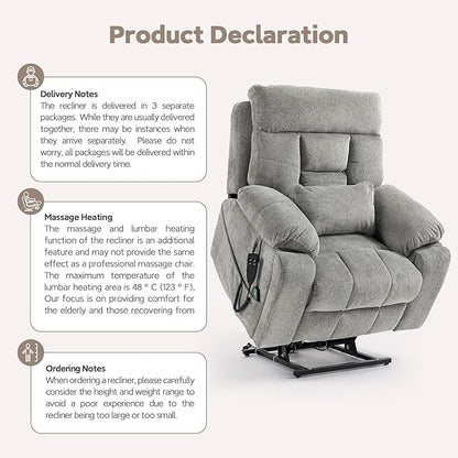 Large Power Lift Chairs Recliners for Elderly with Heated and Massage, Lazy Boy Recliner Chair with 26in Extra Wide Seat, Hidden Cup Holder, Side Pocket