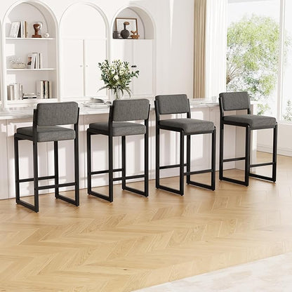 Bar Stools Set of 4, Fabric Counter Height Bar Stools with High Back and Metal Legs, Upholstered Bar Chairs, 26" Modern Barstools for Kitchen Island, Grey
