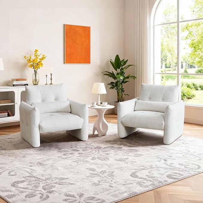 33.9" Accent Chairs, Modern Upgrade Sherpa Fabric Arm Chair Comfy Upholstered Armchair Leisure Single Sofa Chair with a Waist Pillow for Bedroom, Office and Living Room
