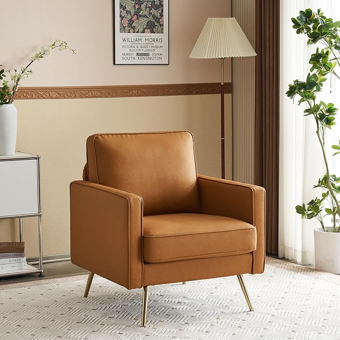 VINGLI Living Room Chairs Set of 2, Brown PU Leather Accent Chair Mid Century Modern Upholstered Sofa Chairs with Arms, Gold Legs for Living Room, Bedroom, Apartment