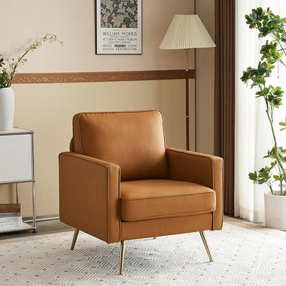 VINGLI Living Room Chairs Set of 2, Brown PU Leather Accent Chair Mid Century Modern Upholstered Sofa Chairs with Arms, Gold Legs for Living Room, Bedroom, Apartment